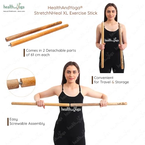 HealthAndYoga™ StretchNHeal Collapsible Multi-Use Wooden Yoga Stick - Regular and XL - Portable Posture Corrector Pole, Stretch Mobility Stick, Physical Workout Exercise Dowel