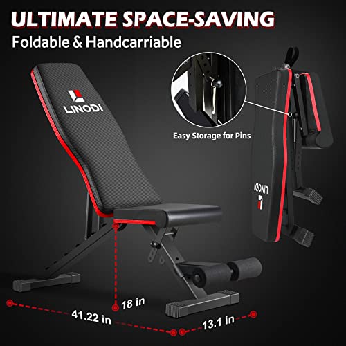 LINODI Adjustable Weight Bench for Home Gym，Foldable Incline Decline Flat Workout Bench for Full Body Strength Training, Dumbbell Press & Ab Exercises - color: Black/Red