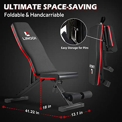 LINODI Adjustable Weight Bench for Home Gym，Foldable Incline Decline Flat Workout Bench for Full Body Strength Training, Dumbbell Press & Ab Exercises - color: Black/Red