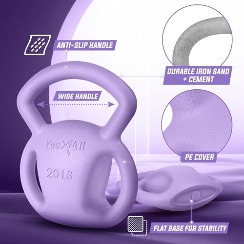 Yes4All Kettlebell, Strength Training Kettlebells for Women, Wide Multi-grip Textured Handle for Home Gym Exercises & Full Body Workout, Single 5–25 lb & Set of 10-15 lb - color: D. 20LB - Purple, style: A. Single