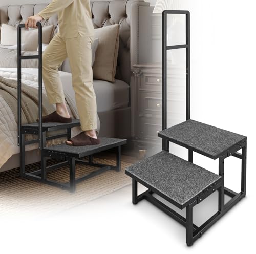 2-Step Stool with Handle for Elderly, Heavy Duty Non-Slip Step Stool for High Beds/Bathtub/Kitchen, Wide Anti-Slip Platform, Supports 450 lbs - color: Black, size: Single Handle