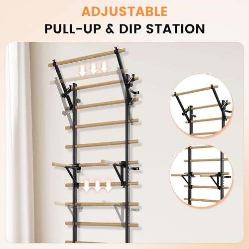 Swedish Ladder Wall Gym, Stall Bar Home Gym with Adjustable Pull-Up Bar, Dip Bar Attachments & 2pcs Resistance Band, 9 Strategic Rods for for Home, School, Hysical Therapy and Gymnastics