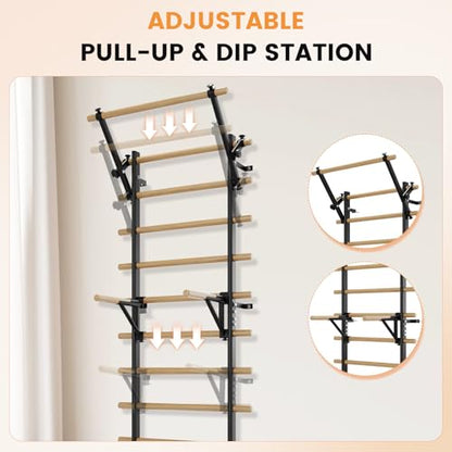 Swedish Ladder Wall Gym, Stall Bar Home Gym with Adjustable Pull-Up Bar, Dip Bar Attachments & 2pcs Resistance Band, 9 Strategic Rods for for Home, School, Hysical Therapy and Gymnastics