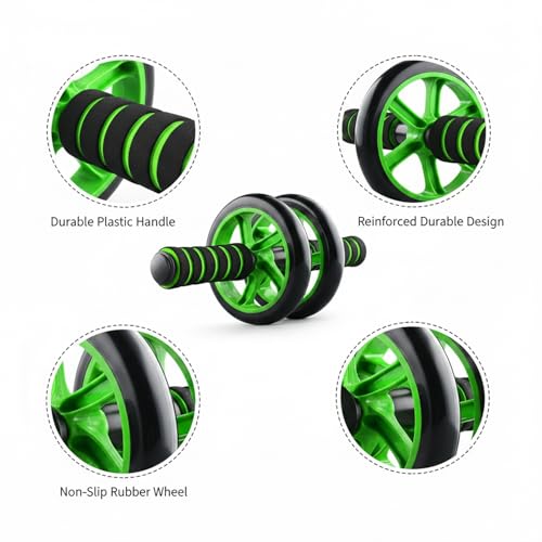 Green Ab Wheel Roller with Knee Pad, Dual Exercise Wheel for Core Strength, Non-Slip Rubber Wheels for Home Gym Workouts