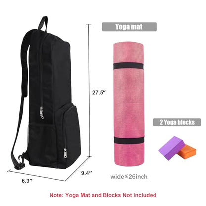 Yoga Mat Bag Carrier Side Mesh Zipper Pocket Exterior Wet Compartment Lightweight Waterproof Yoga Bag for Mat - color: Black