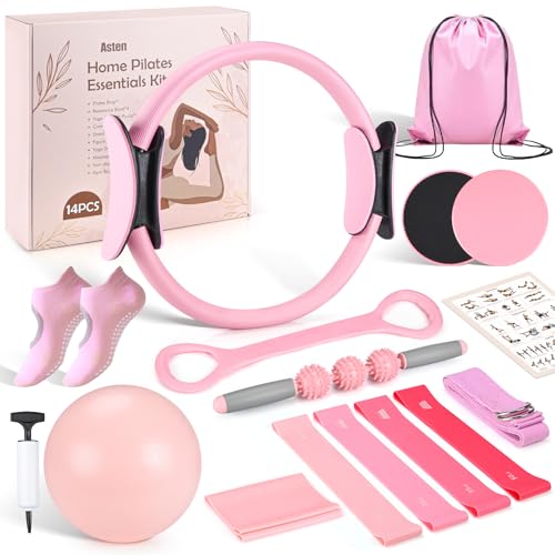 Asten Home Pilates Kit for Women: Pilates Equipment Pilates Ring and Ball Set with Resistance Bands, Core Slider, Foam Roller, Pilates Essentials Kit for Beginner Home Workout, Compact Toning Fitness - color: Pink
