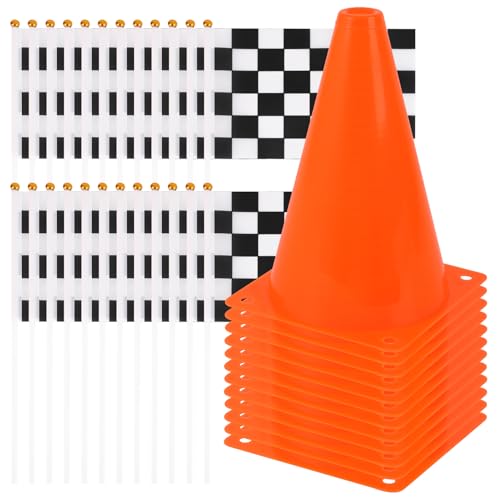 Mini Traffic Cones（with Hole on Top） with Racing Checkered Flags, Sports Safety Cones for Soccer Cones and Basketball Practice Equipment - color: 36PCS