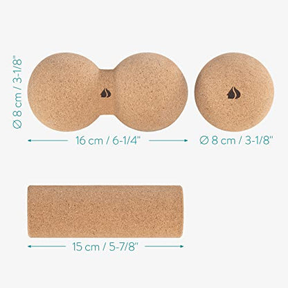 Navaris Cork Massage Roller Ball Set (3 Pieces) - Includes Cork Peanut Roller, Cork Massage Ball, Cork Mini Roller - Rollers for Back and Muscles