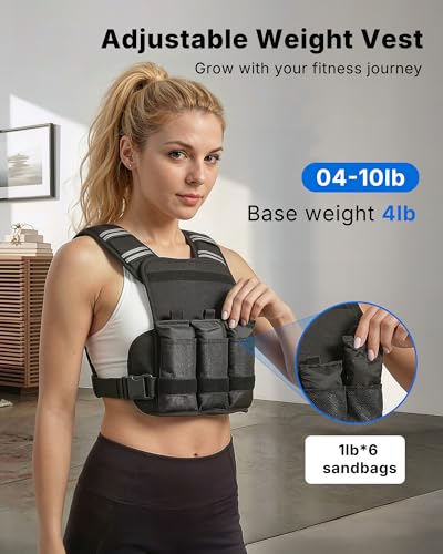 MERACH Weighted Vest for Women, Adjustable Weight Vest with Front Phone Pockets & Iron Sand Bags, Rucking Vest with Reflective Stripe for Strength Training, Walking, Running, Cardio, Home Workout