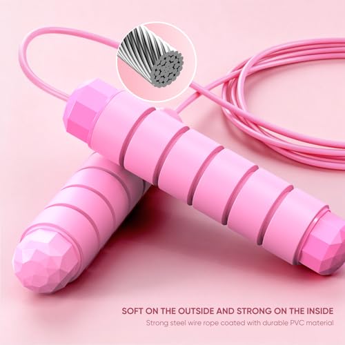 Jump Rope, Tangle-Free Rapid Speed Jumping Rope Cable with Ball Bearings for Women, Men, and Kids, Adjustable Steel Jump Rope with Foam Handles for Home Gym Exercise Fitness Workout Equipment & Slim Body - color: Bubblegum