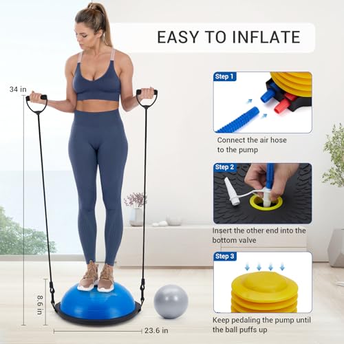 Half Exercise Ball Trainer, Balance Ball Trainer with Resistance Bands, 1600 Lbs Non-Slip Yoga Ball for Strength Training, Stability Gear for Home Gym Workout & Pilates Equipment