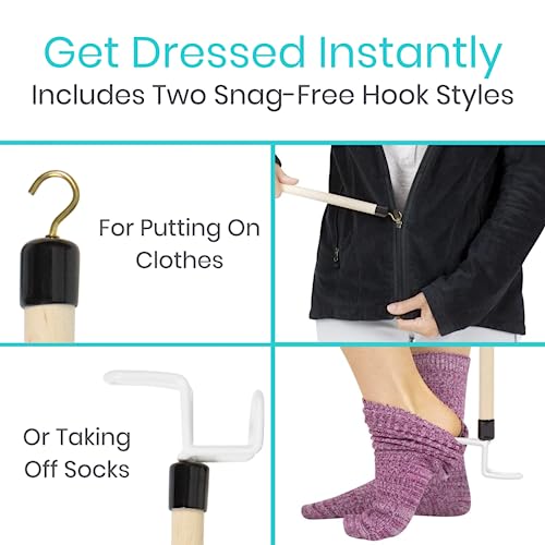 Vive Dressing Stick for Elderly (27”) - with Zipper Puller & Sock Remover Tool - Aid for Pants - Accessories for Daily Living, Assistant Device No Bending for Seniors - After Shoulder Surgery Helper