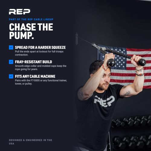 REP Fitness LAT Pulldown and Low Row Cable Machine Attachments and Functional Trainer Attachments – Curl Bar, D-Handle, Ankle Cuff, Tricep Rope, Sports Handle, Straight Bar, Row, Chinning Triangle - style: Tricep Rope