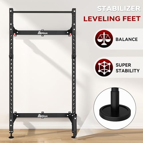 Folding Squat Rack, 2.36"x2.36" Steel Wall Mounted Power Rack for Home Gym Space-Saving Foldable Squat Cage 1000LBS Capacity with Pull Up Bar/J-Hooks/Landmine