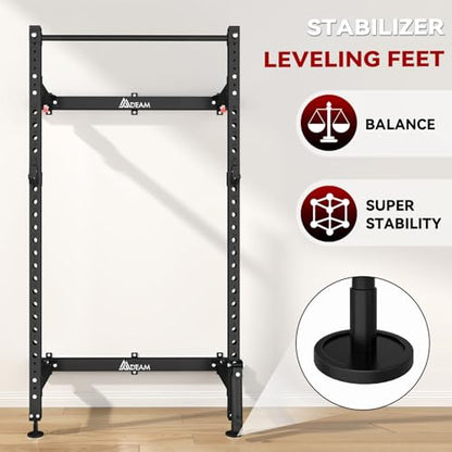 Folding Squat Rack, 2.36"x2.36" Steel Wall Mounted Power Rack for Home Gym Space-Saving Foldable Squat Cage 1000LBS Capacity with Pull Up Bar/J-Hooks/Landmine