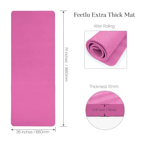 Extra Thick 12mm Exercise Mat – 74"L x 26"W Inch, Non-Slip, Joint-Friendly & Cushioned Fitness Mat for Yoga, Pilates & Floor Workouts – Durable, Supportive & Includes Feetlu Classic Strap