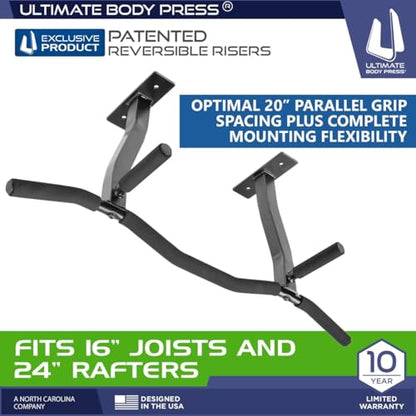 Ceiling Mount Pull Up Bar with Reversible Risers for 16 and 24 Inch Joists with Optimum Grip Spacing by Ultimate Body Press - color: Ceiling Mount Pull Up Bar and Strap System