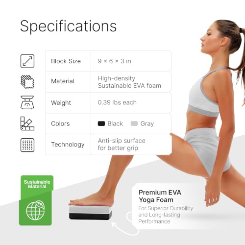 Yoga Blocks 2 Pack with Strap and Guide – Soft Non-Slip EVA Foam Blocks - color: Gray/Black - Stretch Band Black
