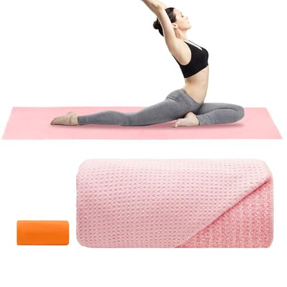 Yoga Mat Towel Non Slip for Hot Yoga, with a Sweat Towel, Anti-Slip Silicone Grip Dot, Waffle Fiber 400GSM,72'' x 25'' Mat Size,Grippy Yoga Mat Towel, Soft Absorbent for Hot Exercise,Bikram,Pilates