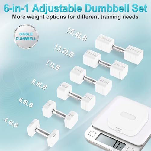 Hezeyferg 30.8LB Adjustable Dumbbell Set, Each Adjustable Weight Dumbbell with 6 Levels 4.4/6.6/8.8/11/13.2/15.4lb, Hand Weights Set for Men/Women Home Gym Exercise Workout - color: White