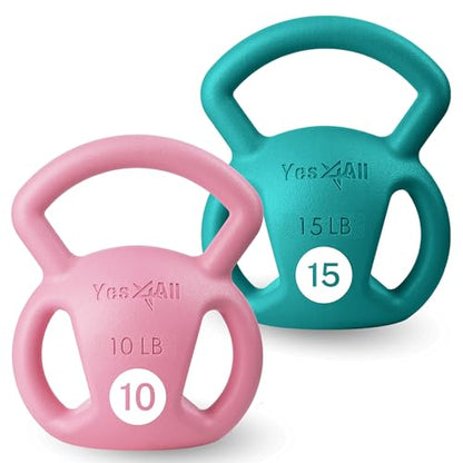 Yes4All Kettlebell, Strength Training Kettlebells for Women, Wide Multi-grip Textured Handle for Home Gym Exercises & Full Body Workout, Single 5–25 lb & Set of 10-15 lb - color: F. 10 - 15LB (Pink+Green), style: B. Combo