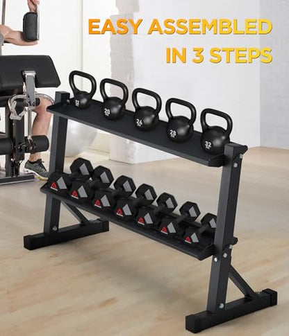48" Kettlebell Storage Rack, 2-Tier Dumbbell and Kettlebell Rack for Home Gym, 1000LBS Weights Storage for Free Weights, Dumbbells, Kettlebells and Medicine Ball