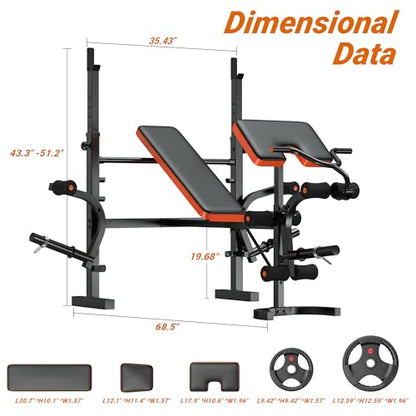 XDDIAS Weight Bench, 770LBS Bench Press Set with Leg Extension, 6 in 1 Olympic Weight Bench for Home Gym, Adjustable Workout Bench with Rack & Preacher Pad, Flat Incline Bench for Weight Lifting