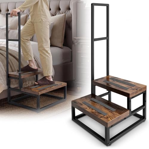 Upgraded Anti-Slip Step Stool with Handle, Heavy-Duty & Stable, Multi-Purpose for High Bed, Kitchen, Bathroom - color: Brown, size: Single Handle