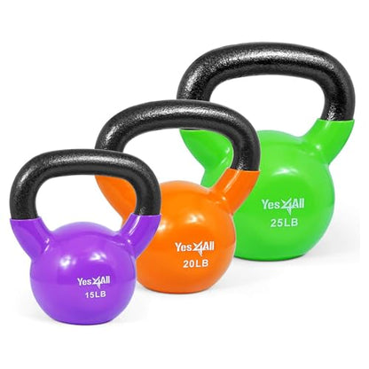 Yes4All Kettlebell, Vinyl Coated Kettlebell Cast Iron Sets with Stable Flat Bottom for Full Body Workout, Push up, Grip Strength Training & Weights Exercises