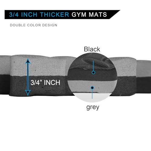 3/4 in Thick 48 Sq Ft EVA Foam Exercise Gym Mats 12 Pcs - Interlocking Puzzle Floor Tiles for Home Gym Heavy Workout Equipment Flooring - 24 x 24in Tile, Black & Gray