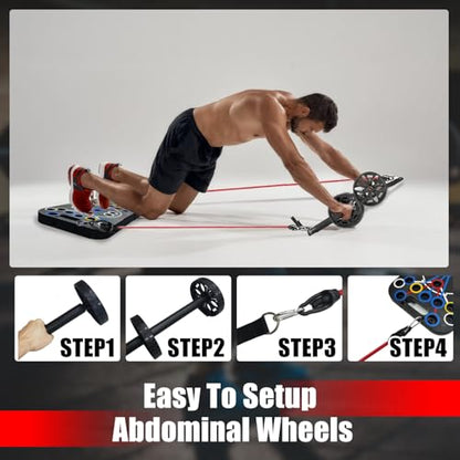 Multifunctional Push Up Board, Portable Push Up Bar with 15 Fitness Accessories and Pilates Bar Resistance Band, Stable Workout Board with Roller Wheel for Home Gym