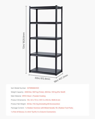 VEVOR Storage Shelves, 2000 lbs, 5 Tier Garage Storage Shelving, 18" D x 32" W x 72" H Adjustable Metal Shelves for Garage Shelves Utility Rack Shelf, Ideal for Kitchen, Warehouse, Basement, Black - size: 18" D x 32" W x 72" H
