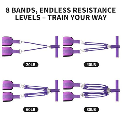 Pedal Resistance Band with Handle - 8-Tube Adjustable (20-80LBS) for Full Body Workout, Home Gym, Yoga & Strength Training Non-Slip Grips & Foot Pedal (Purple)