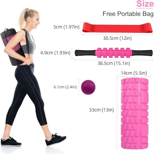 Aucuu 5 in 1 Foam Roller Set Includes Hollow Core Massage Roller, Yoga Stick, Massage Ball, Fitness Stretching Strap, Carrying Bag, Towel, Massage Roller (Pink) - color: Pink