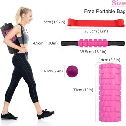 Aucuu 5 in 1 Foam Roller Set Includes Hollow Core Massage Roller, Yoga Stick, Massage Ball, Fitness Stretching Strap, Carrying Bag, Towel, Massage Roller (Pink) - color: Pink