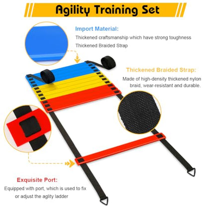 Soccer Speed Agility Training Set - 20FT Agility Ladder 12/16 Sports Cones and Soccer Kick Trainer Football Training Equipment Footwork Drills for Youth and Adults