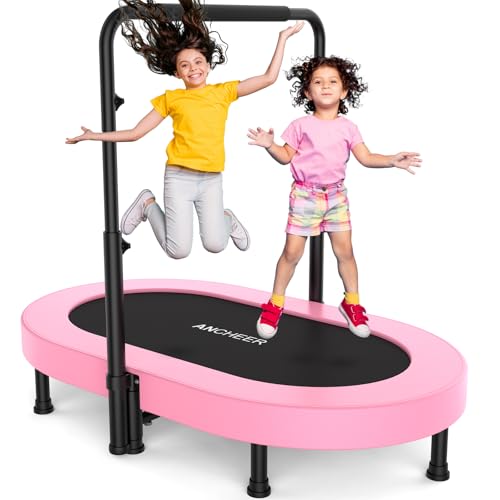 ANCHEER 56" Double Mini Trampoline for Kids, Mini Rebounder with 5-Level Adjustable Handle, Parent-Child Trampoline for Kids, Max Load 220lbs, Fun for Indoor/Outdoor - color: Pink Pro
