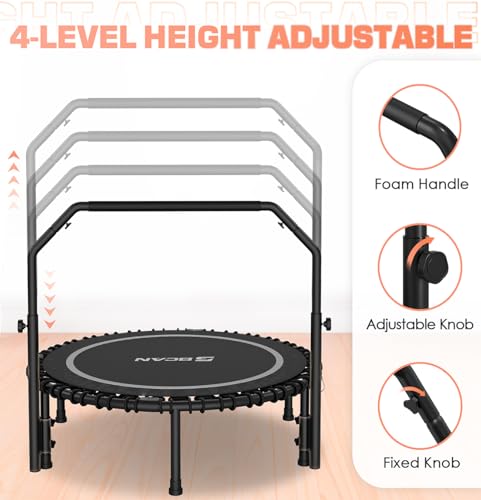 BCAN Adult Mini Trampoline, 40" Fitness Trampoline with Bungees, U Shape Adjustable Foam Handle, Stable & Quiet, Indoor Outdoor Workout-Silver
