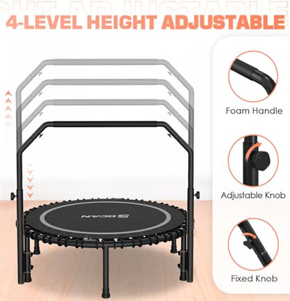 BCAN Adult Mini Trampoline, 40" Fitness Trampoline with Bungees, U Shape Adjustable Foam Handle, Stable & Quiet, Indoor Outdoor Workout-Silver