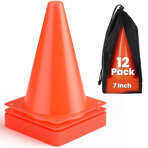 GHB Soccer Cones 7" 9" of 12 24 Pack Disc Soccer Sport Cones Training Field Marker Agility Cones for Basketball, Coaching, Practice Equipment Includes Drills Guide - color: 7" 12Pcs orange