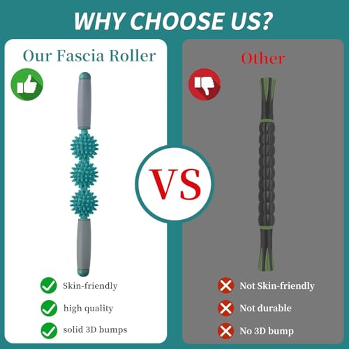 Fascia Muscle Roller, Cellulite Massager Fascia Roller for Cellulite and Sore Muscles, Leg, Back, Pressure Trigger Point Body Roller Deep Tissue Massage Stick Tools, 3 Massage Balls, Dark Green - color: Deep Green