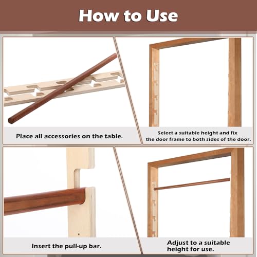 Leinuosen Doorway Pull-up Bar Sets Adjustable 5 Levels Wooden Doorway Pull-up Bar and 2 Door Frame with 6 Sets of Screw-in Heavy-duty Door-mounts to Fits 118cm