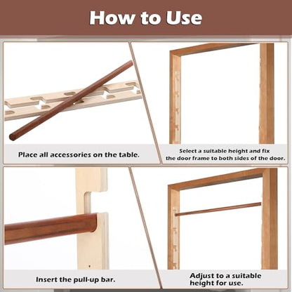 Leinuosen Doorway Pull-up Bar Sets Adjustable 5 Levels Wooden Doorway Pull-up Bar and 2 Door Frame with 6 Sets of Screw-in Heavy-duty Door-mounts to Fits 118cm