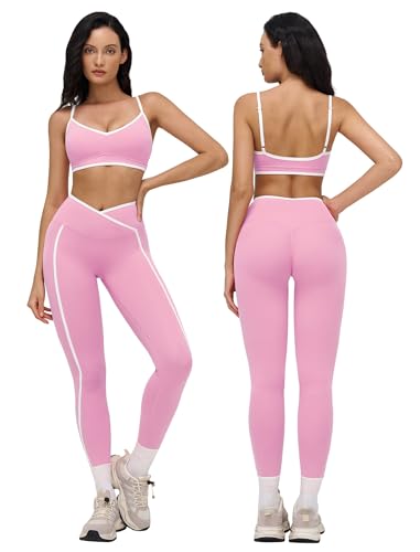 Contrast Workout Sets for Women 2 Piece Yoga Gym Sets Color Block Sports Bra Crossover High Waist Leggings Pilates Outfits