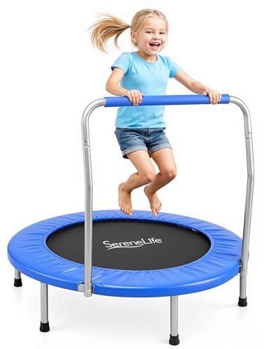 SereneLife 36″ Foldable Mini Trampoline for Kids - Compact Fitness Rebounder with Foam Handle - Safe, Stable Exercise Trampoline with 330lbs Max Load for Indoor/Outdoor Active Play & Exercise - color: Blue