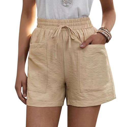 Linen Shorts for Women Drawstring High Waist Casual Wide Leg Loose Fit Summer Beach Shorts 2025 with Pockets - color: Apricot, size: 3X-Large