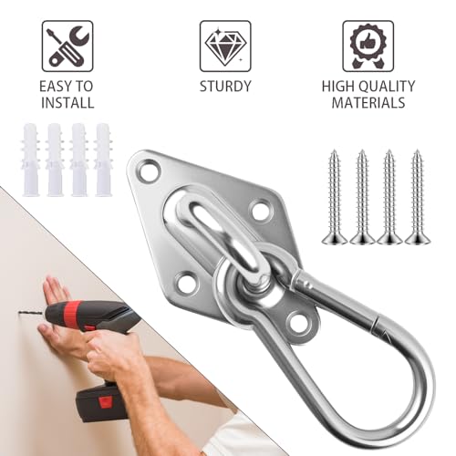 2Pack M10 Hammock Hanging Kit, Heavy Duty Stainless Steel Pad Eye Hooks with Snap Hook, for Porch Swing Punching Bag Ceiling Wall Mount, 1000Lbs Capacity Indoor Outdoor Hardware with Screws Anchors
