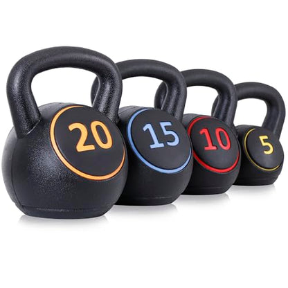 4-Piece Kettlebells Weights Set, Wide Grip Strength Training Soft Kettlebell, Exercise Fitness Concrete Weight, Full Body HIIT Workout, Weights for Women at Home 5 lbs 10 lbs 15 lbs and 20 lbs lb Dumbbells
