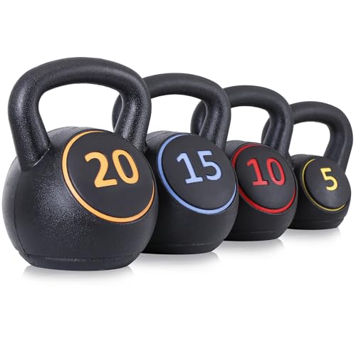 4-Piece Kettlebells Weights Set, Wide Grip Strength Training Soft Kettlebell, Exercise Fitness Concrete Weight, Full Body HIIT Workout, Weights for Women at Home 5 lbs 10 lbs 15 lbs and 20 lbs lb Dumbbells