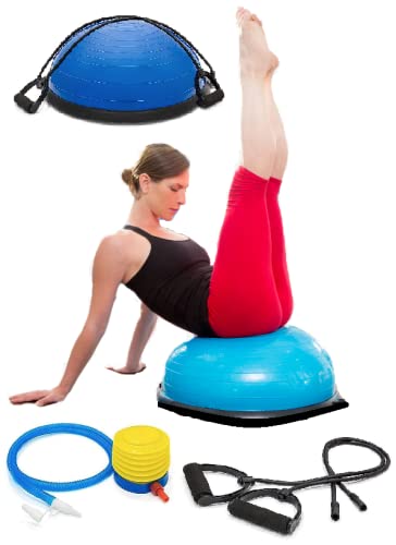 Half Ball Balance Trainer, Half Yoga Balance Board Exercise Ball for Full Body Workout, Stability Ball Platform, Core AB Training Strength Home Workout Fitness Physical Therapy, 2 Resistance Bands
